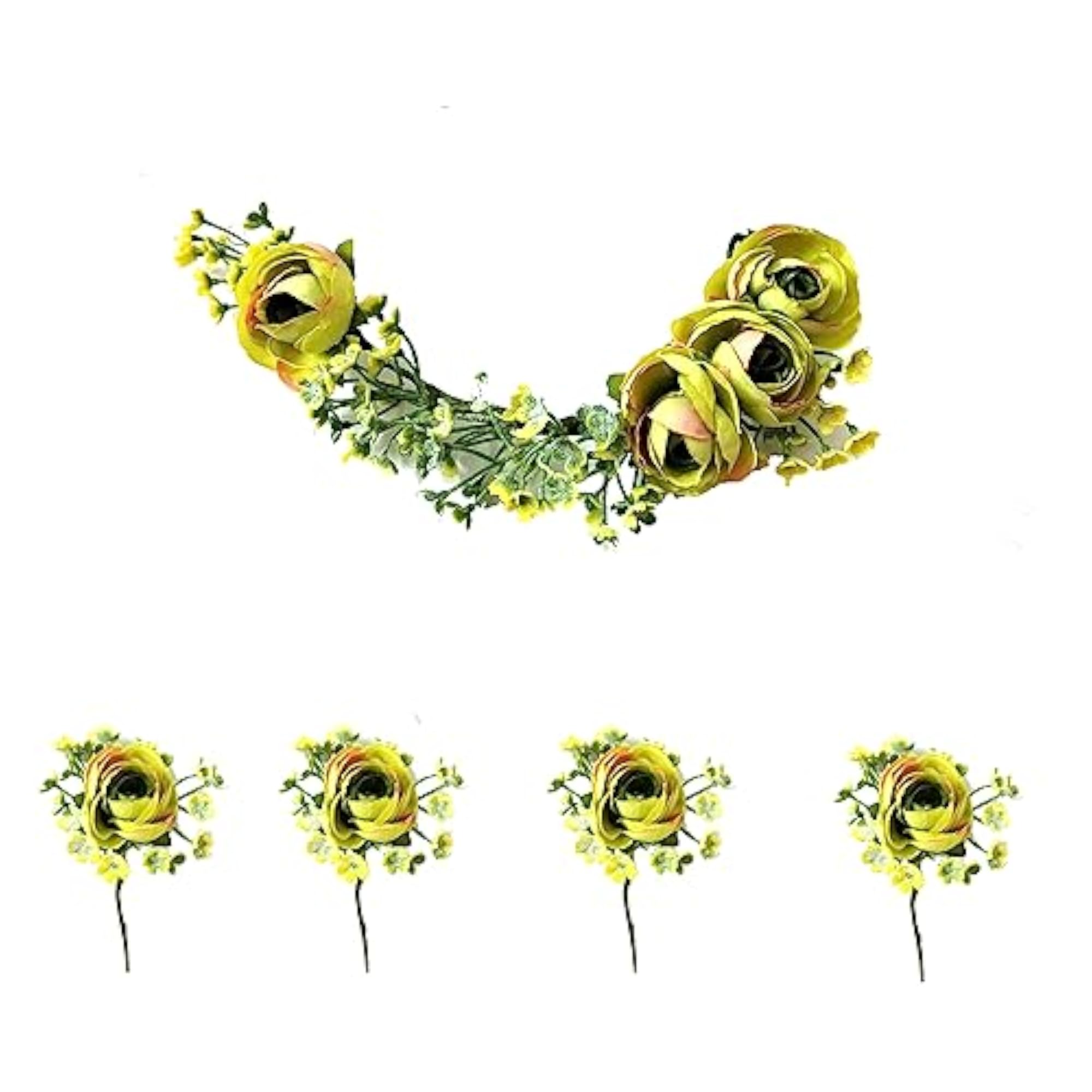 Floral Juda Pins with Green Leaf, Attractive Hair Accessories Combo Pack
